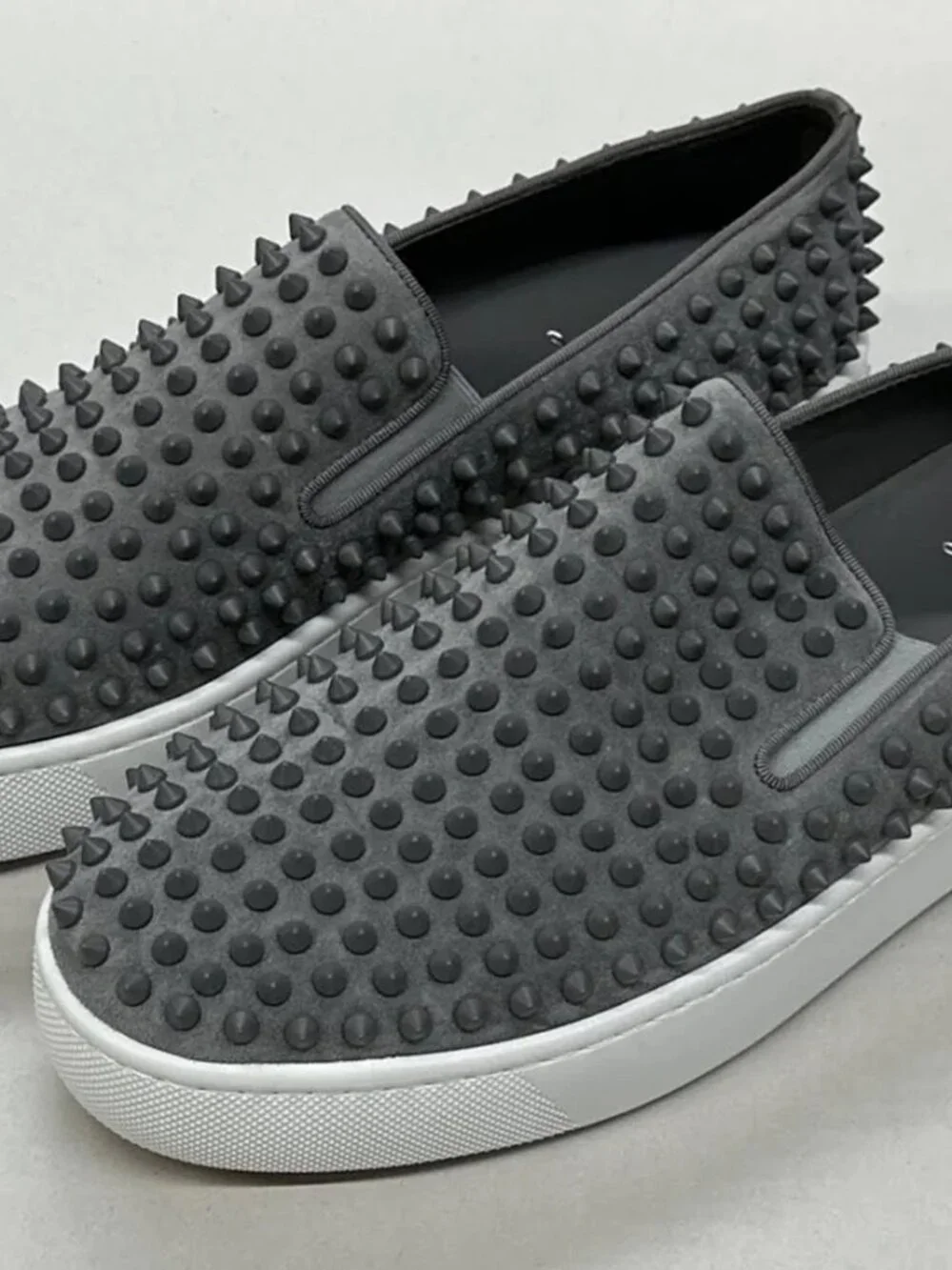 NEW Christian Louboutin Spikeboat Slip On Sneakers Grey Boat Shoes Mens 48